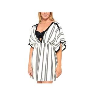 Dotti Women Sz M Black White Newport Stripes Petal Sleeve Swim Cover Up Dress E1
